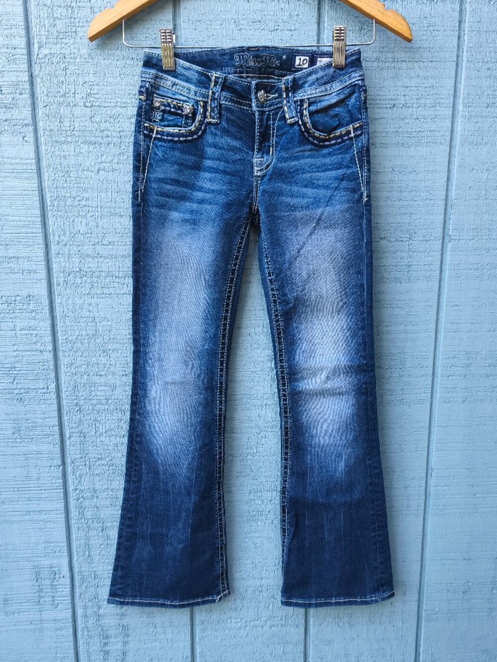 Miss Me Girls Embroidered Rhinestone Bootcut Dark Wash Jeans sz 10 Blue Cowgirl